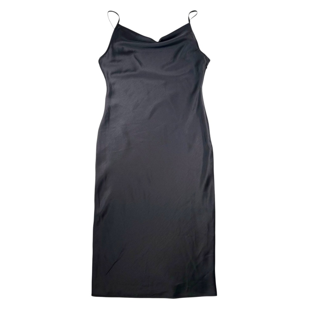 Sweet Lemon Black Satin Cowl Neck Lace Up Back Midi Slip‎ Dress L
